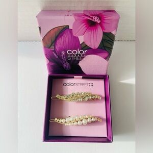 Color Street Hair Clips Set of 2 • Gold Faux Pearl & Rhinestone Barrettes • NWT